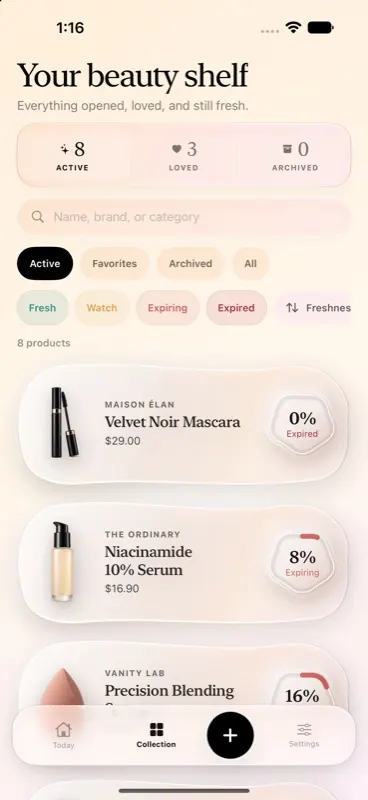 VanityFresh collection view with product cards and freshness filters