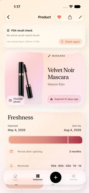 Product freshness and recall detail in VanityFresh