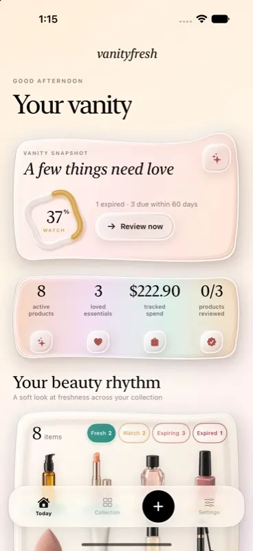 VanityFresh Today dashboard showing freshness status and collection overview
